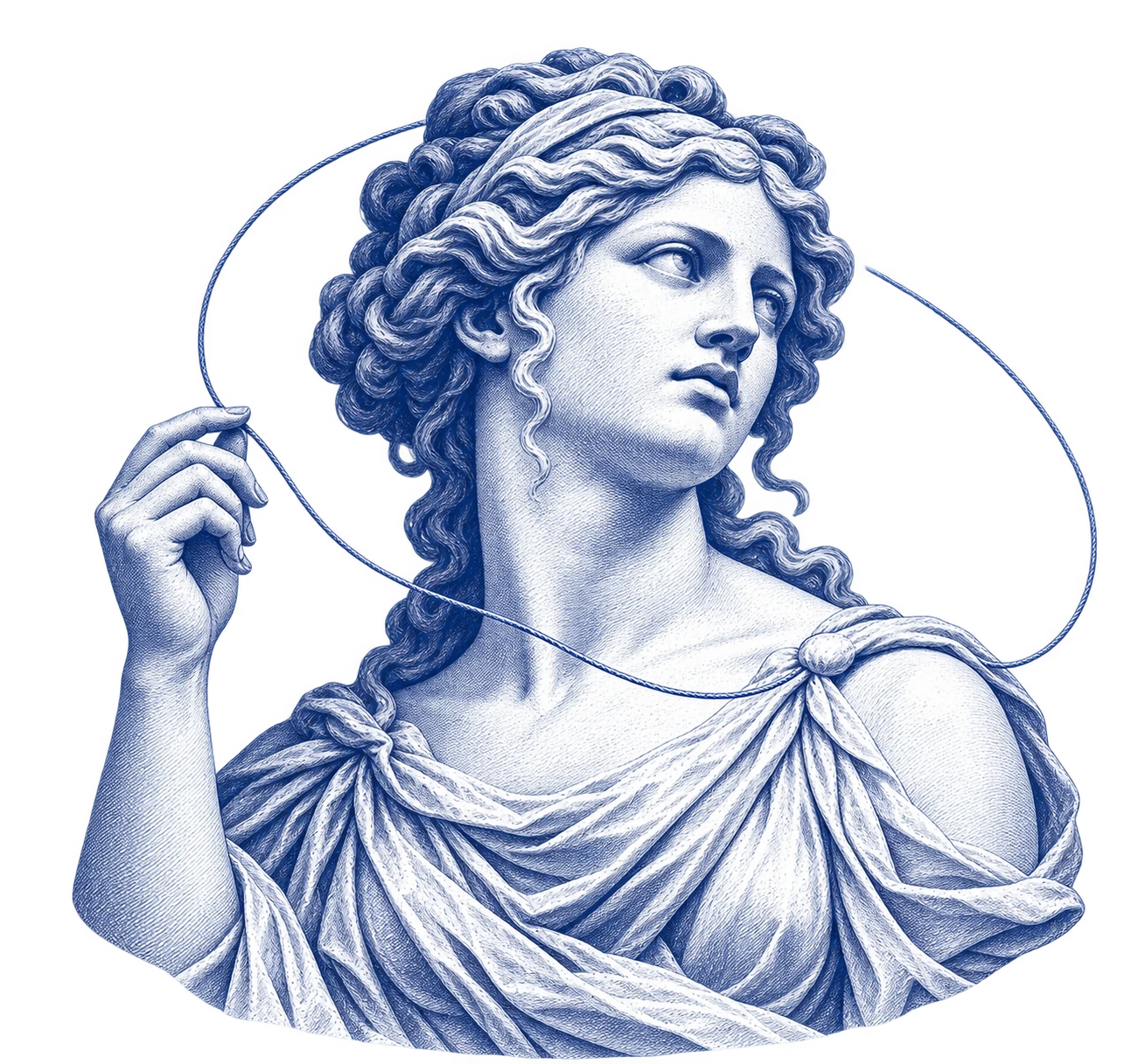 Blue classical engraving of Ariadne holding a thread