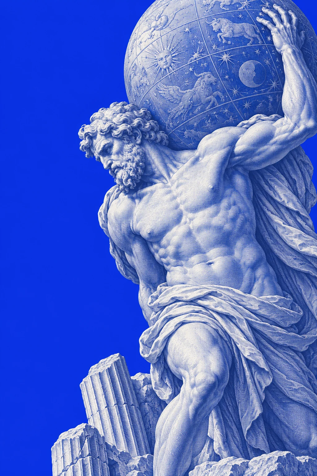 White engraving of Atlas supporting a celestial globe against cobalt blue