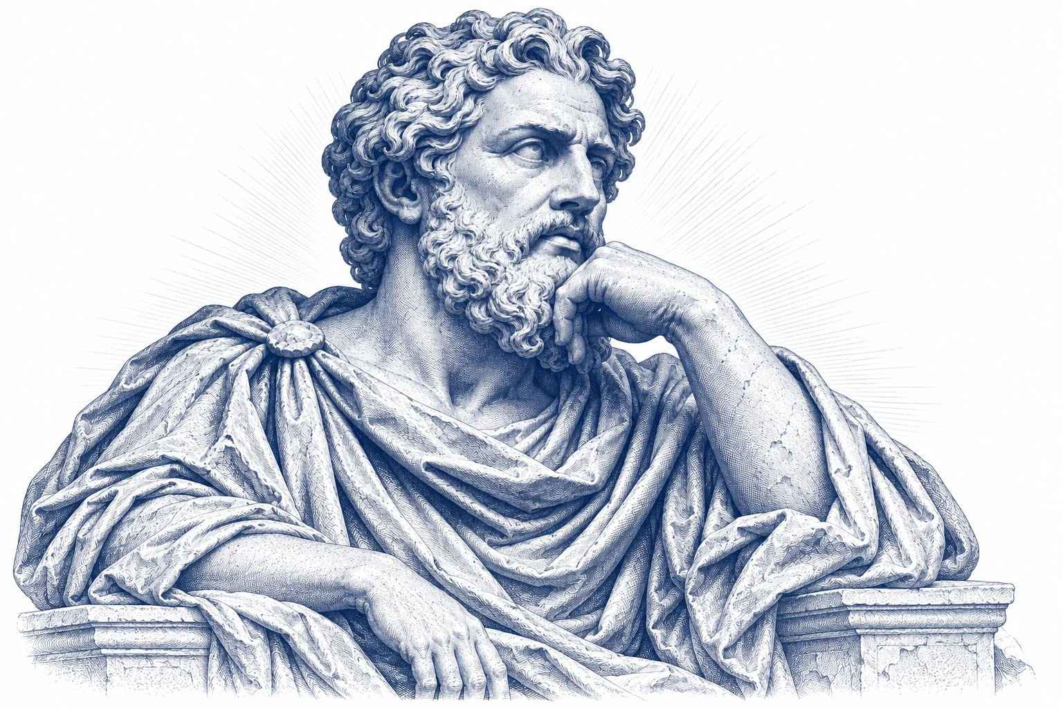 Blue engraving of a contemplative classical marble bust