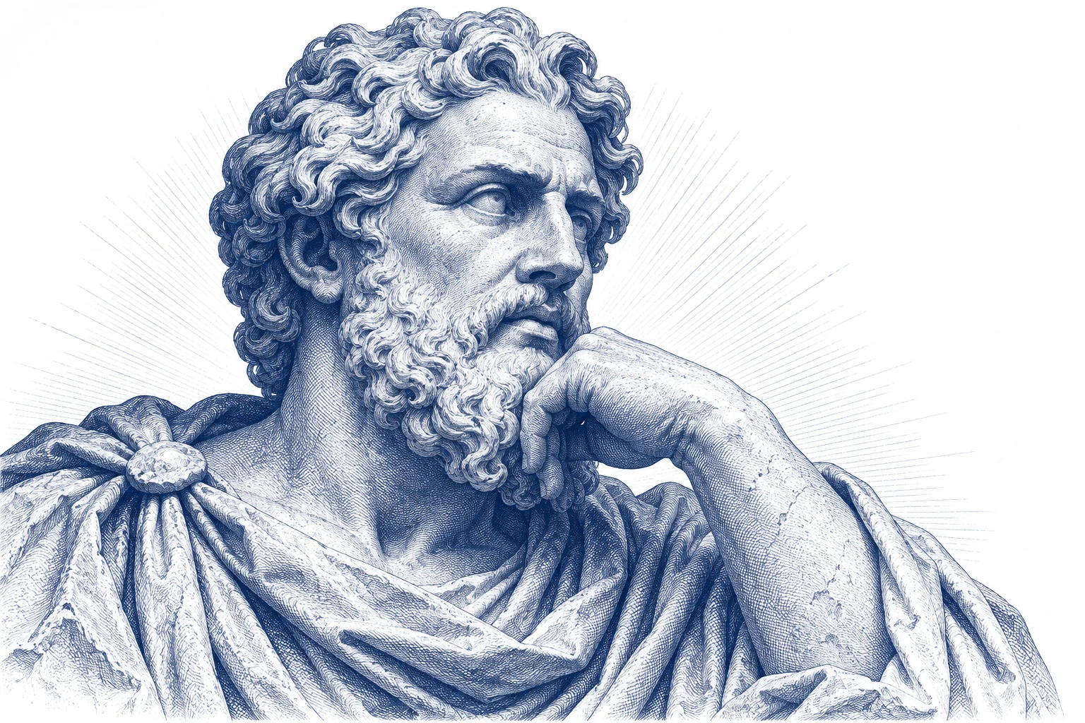 Blue engraving of a contemplative classical marble bust
