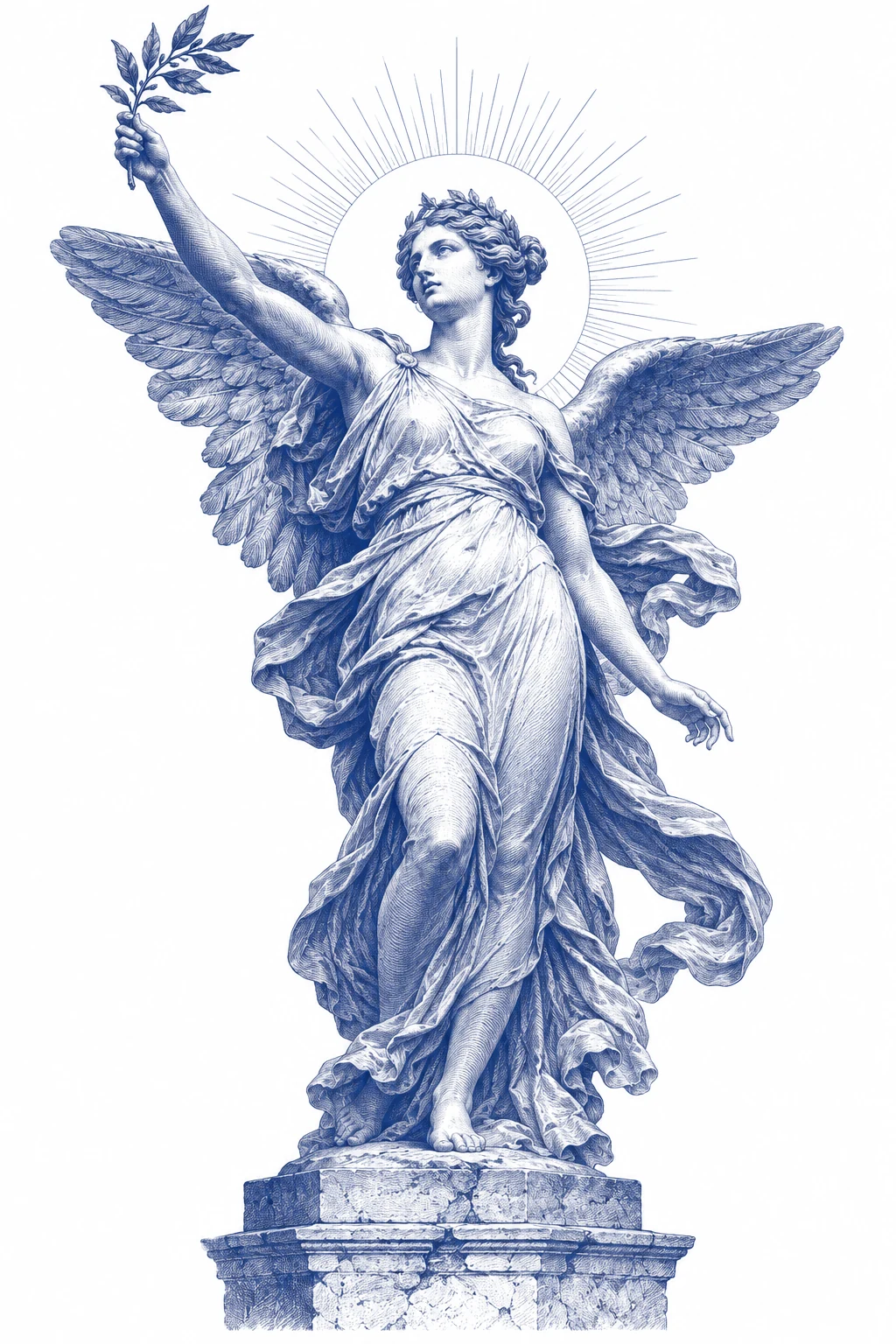 Original blue engraving of a winged classical marble figure holding a laurel branch