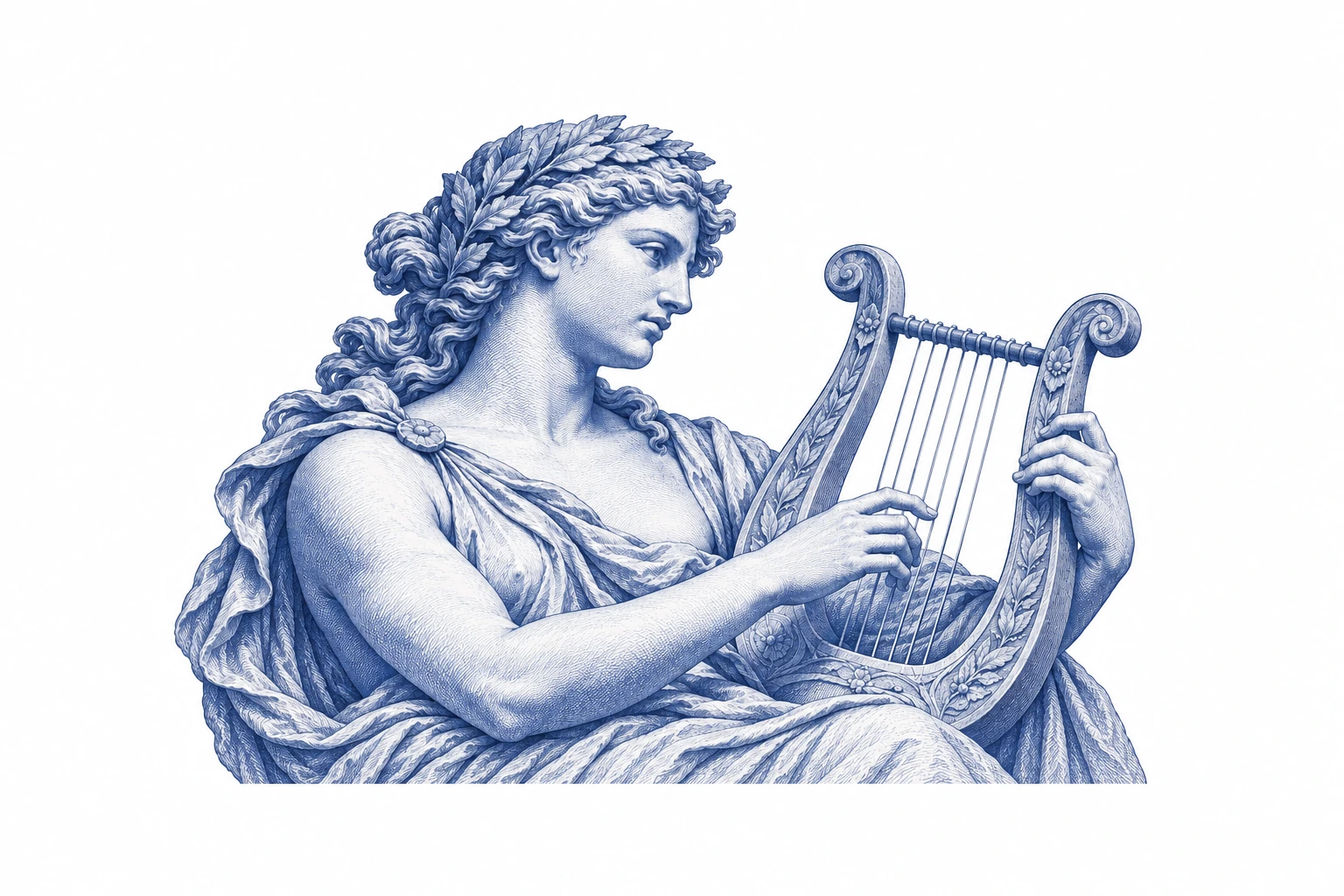 Blue engraving of a classical marble musician with a lyre