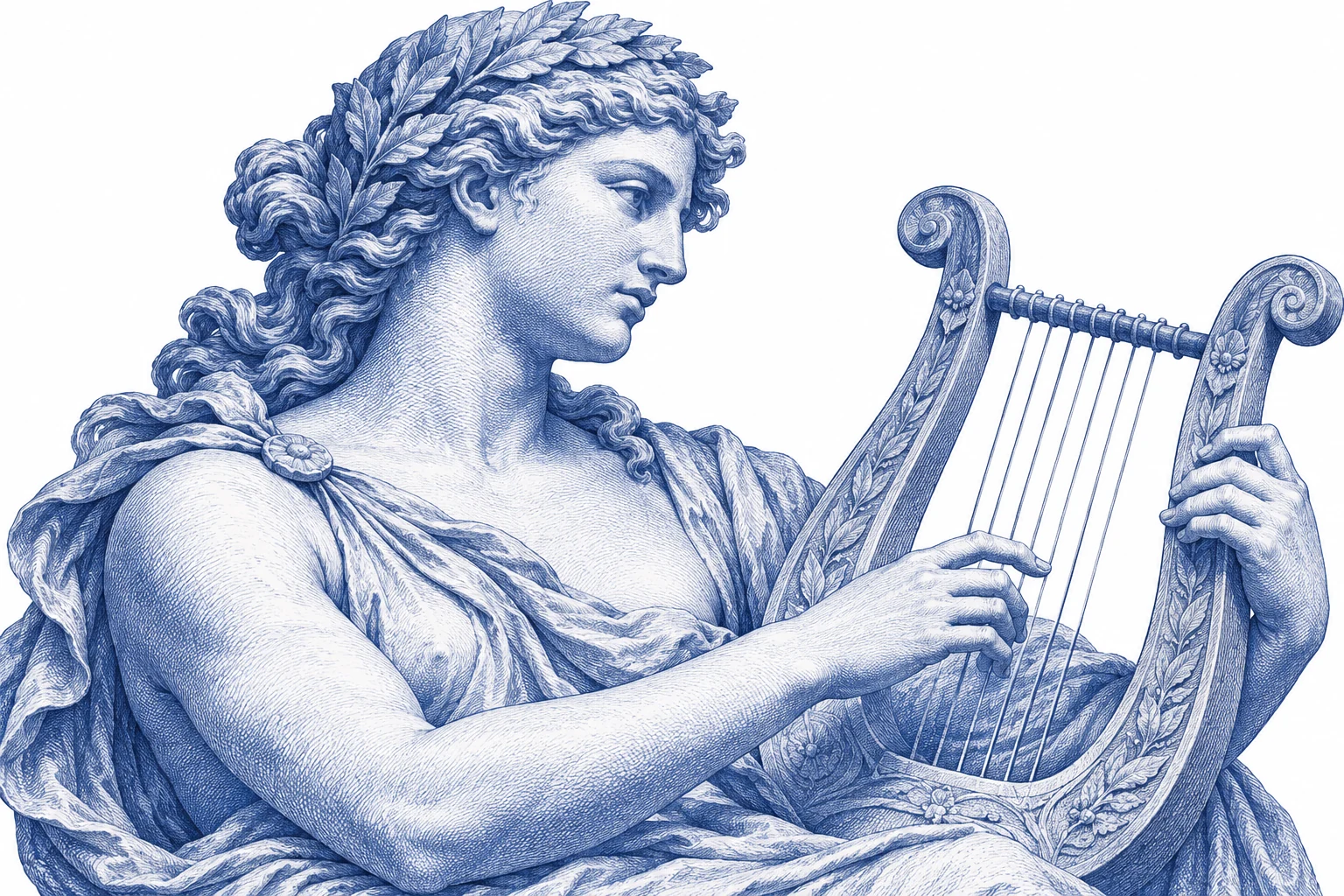 Blue engraving of a classical marble musician with a lyre