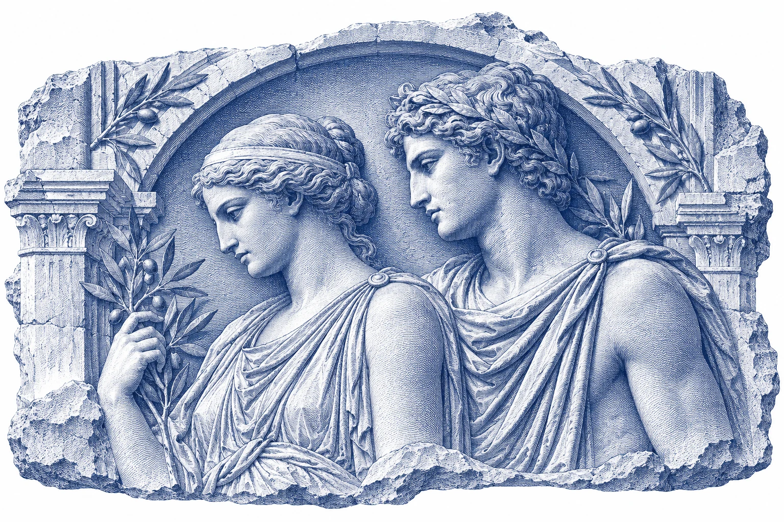 Blue engraving of two figures in an ancient marble relief