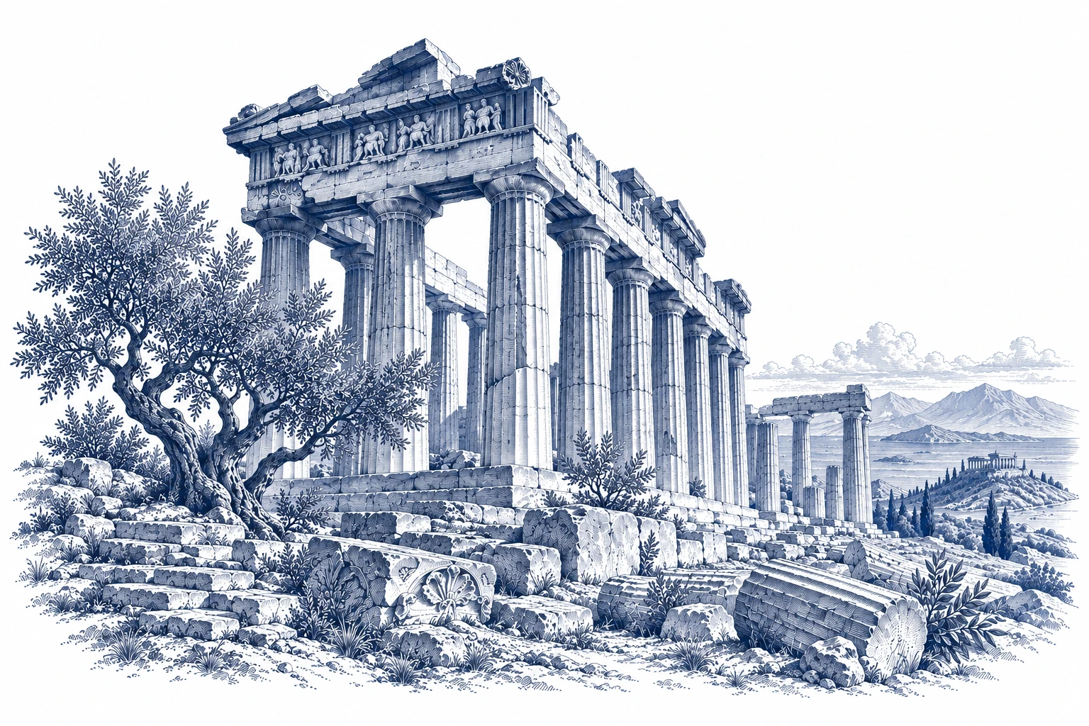 Blue engraved study of an ancient Greek temple and olive tree