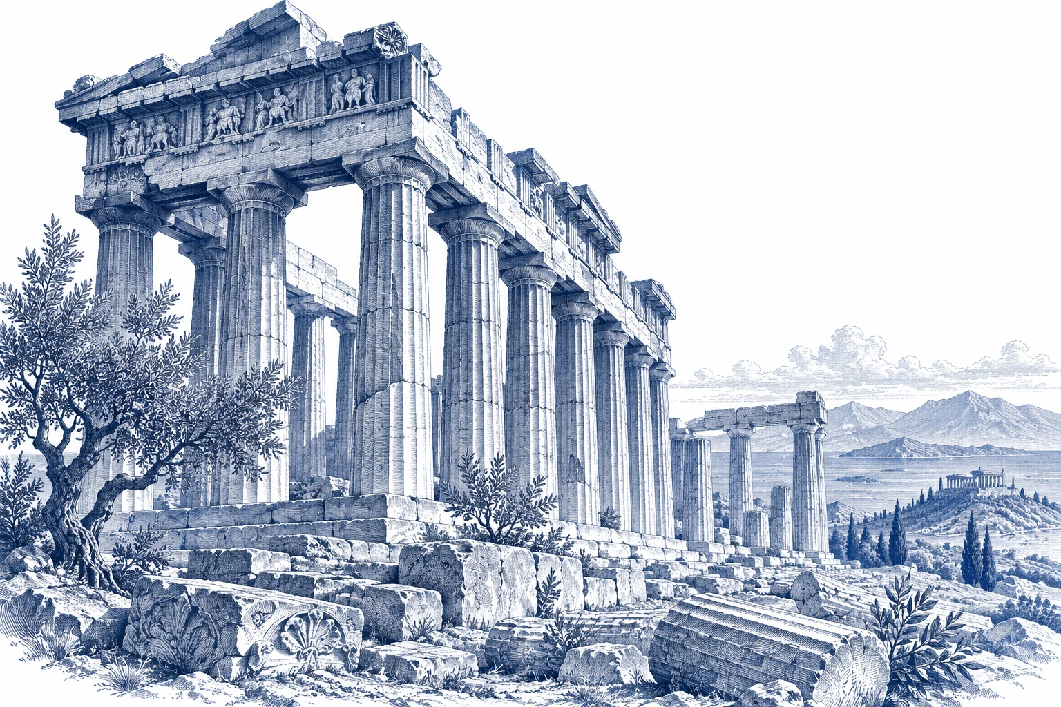 Blue engraving of an ancient Greek temple and columns